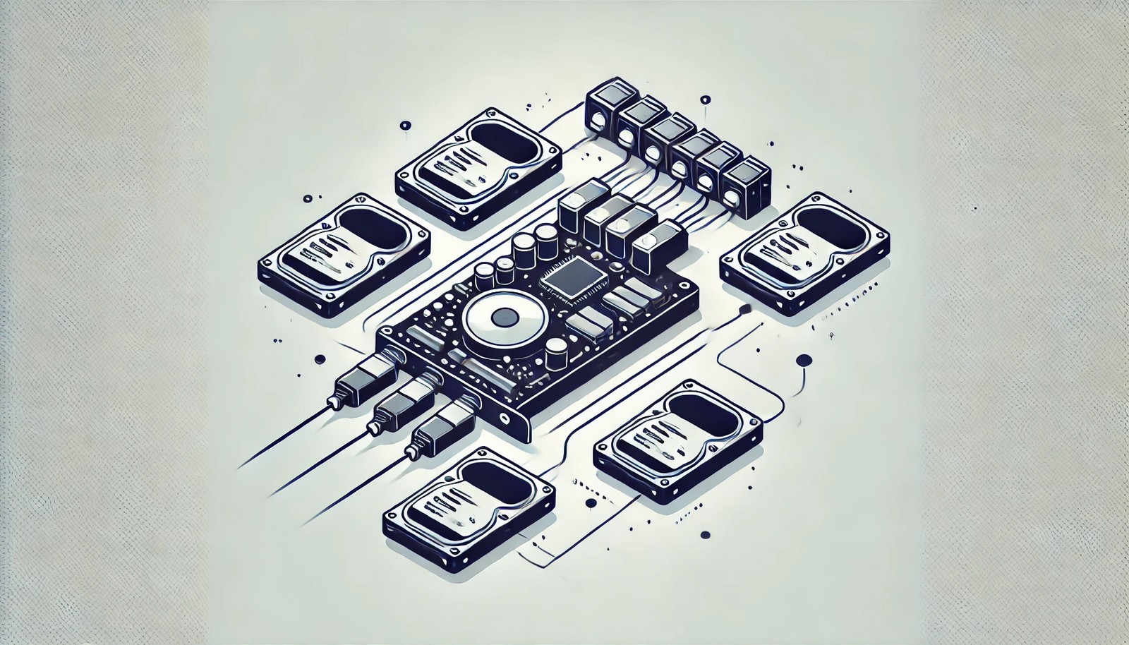 A modern and minimalistic digital illustration of a RAID controller managing multiple hard drives. The design highlights data redundancy and performance enhancement with a clean and structured visual representation.