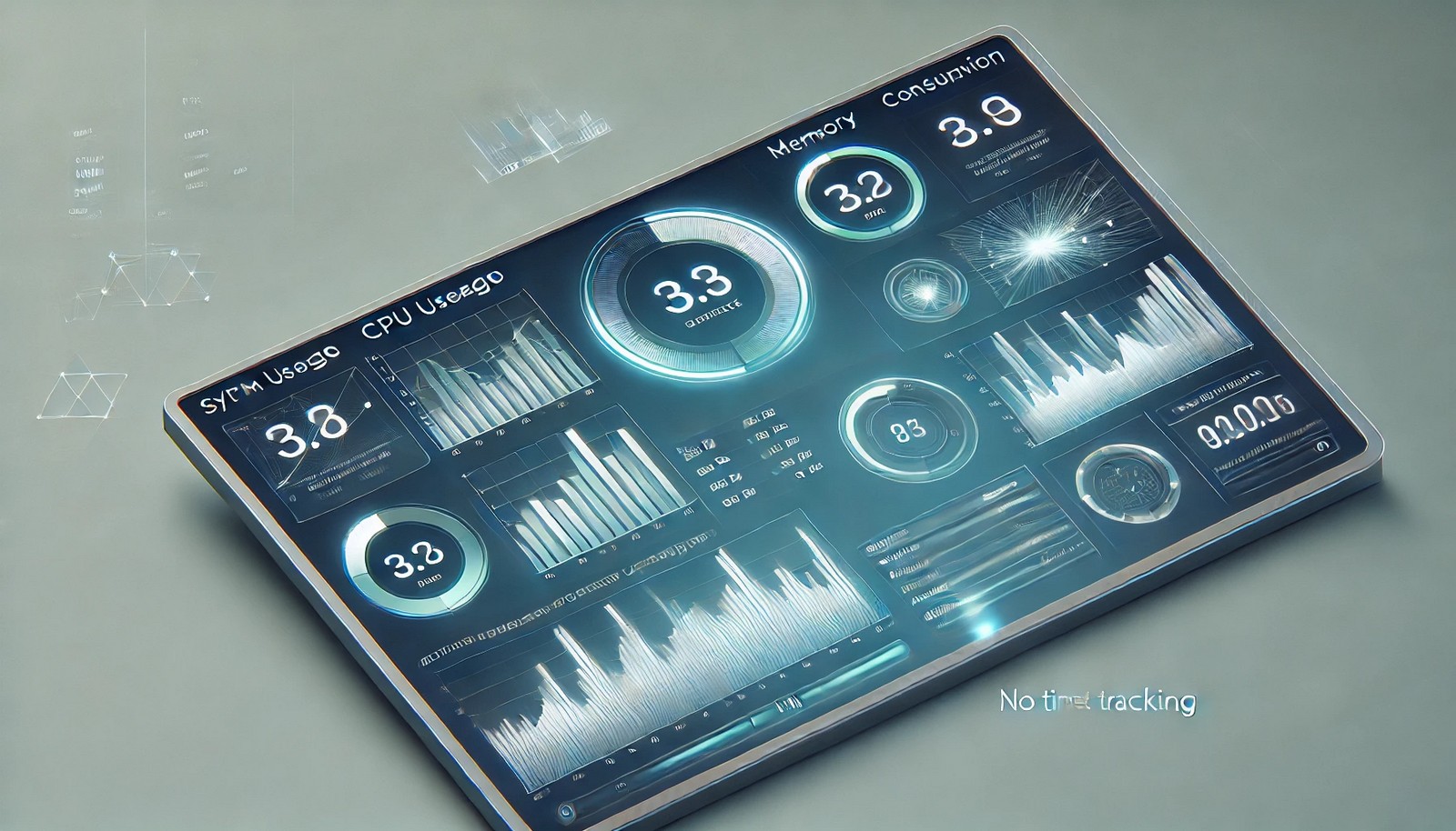 A modern digital dashboard visualizing system performance metrics, including CPU usage, memory consumption, and network activity. The interface is sleek and minimalistic with soft blue and green hues, representing efficiency and real-time tracking.