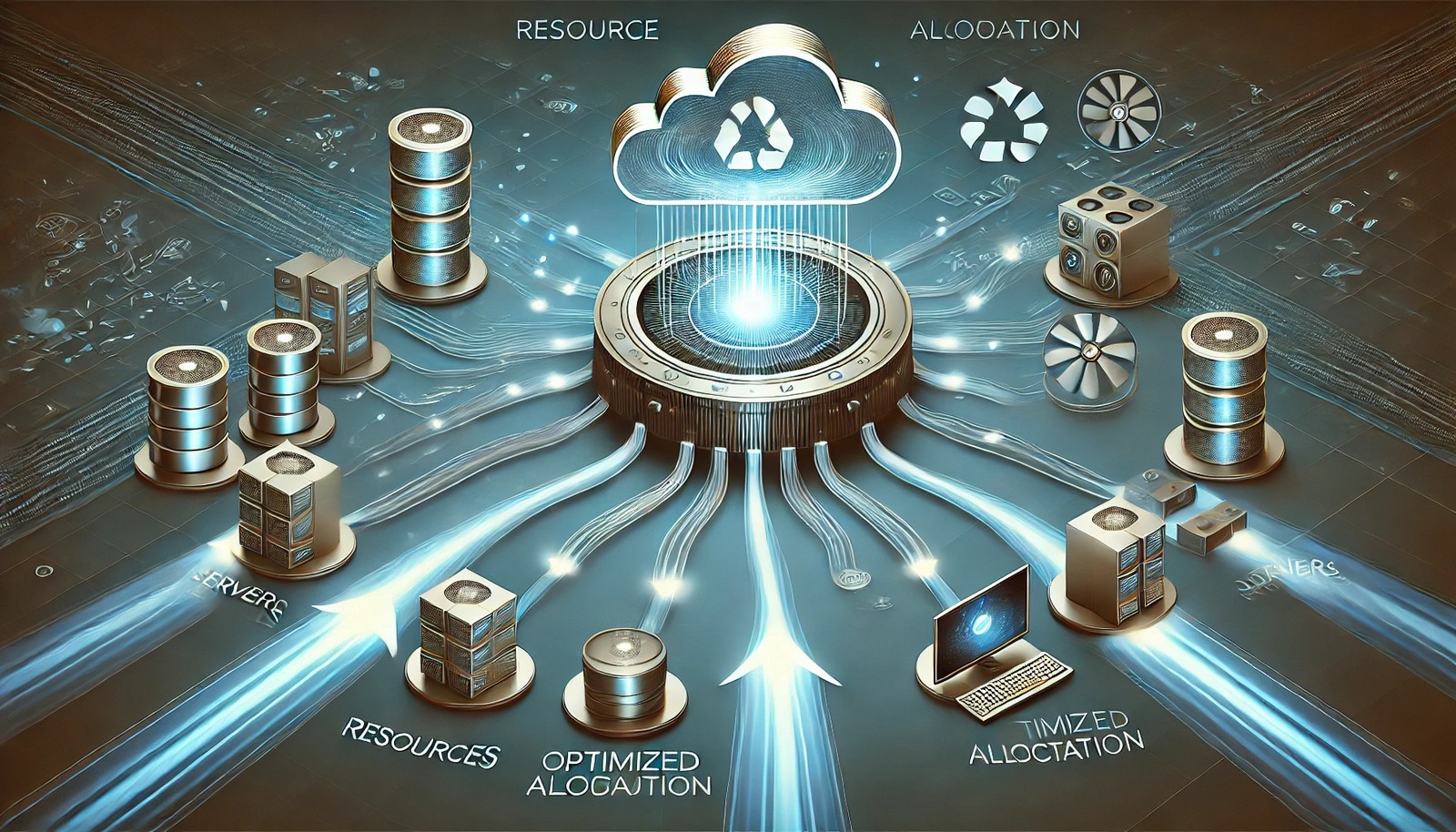 A digital illustration of resource allocation in computing, showing a central control system distributing cloud resources to various servers, computers, and applications. Flowing data streams represent optimized allocation in a futuristic, minimalistic style.
