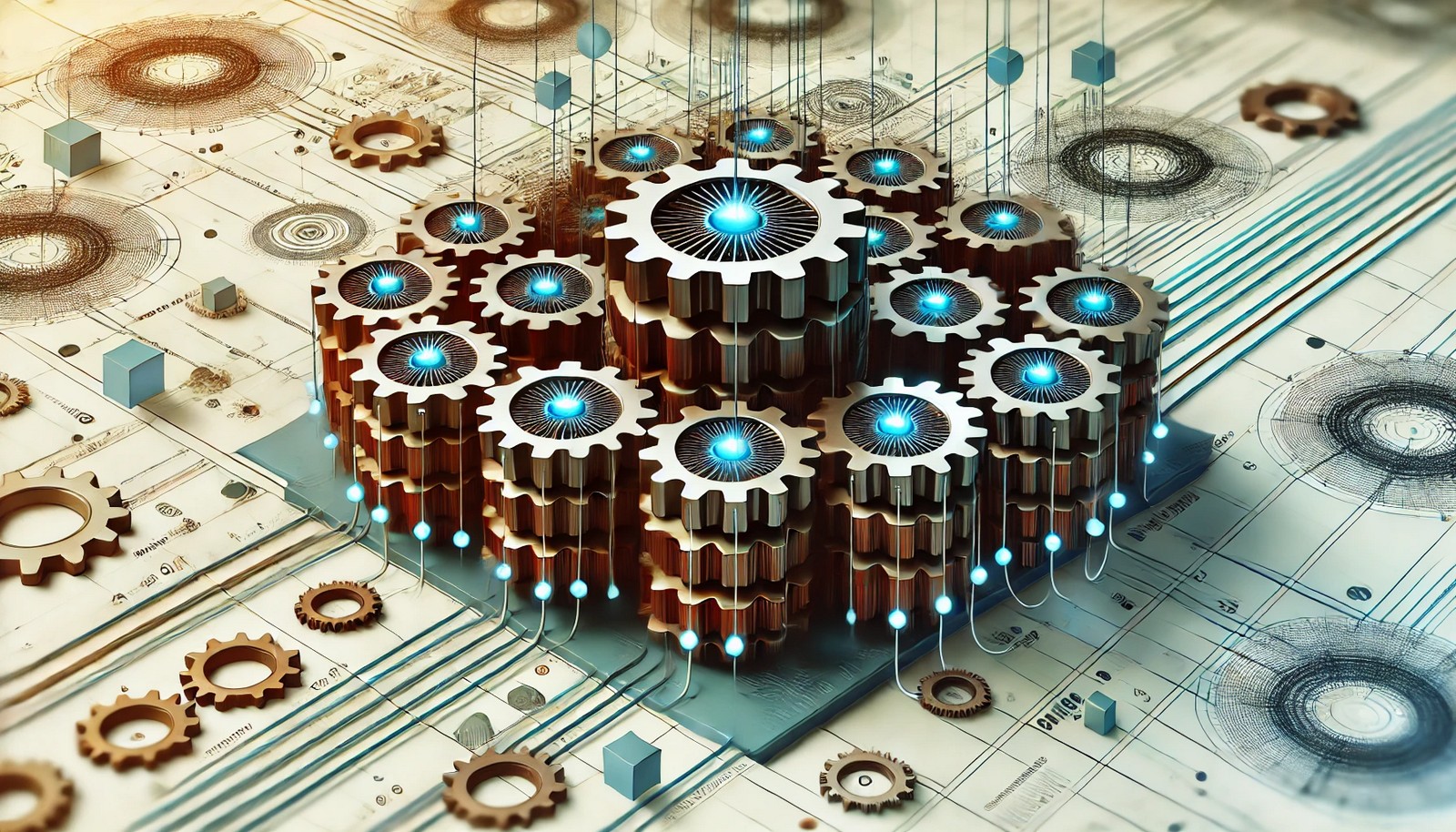 A conceptual illustration of a thread pool, showing interconnected gears representing worker threads processing tasks from a central queue. The image emphasizes parallel execution and system efficiency with a technology-themed background.