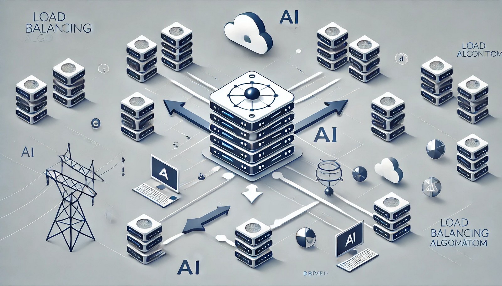 A modern and minimalistic illustration of a load balancing algorithm, showing multiple servers with arrows distributing network traffic evenly. A central AI-driven balancer efficiently directs requests to optimize performance without overloading any single server.