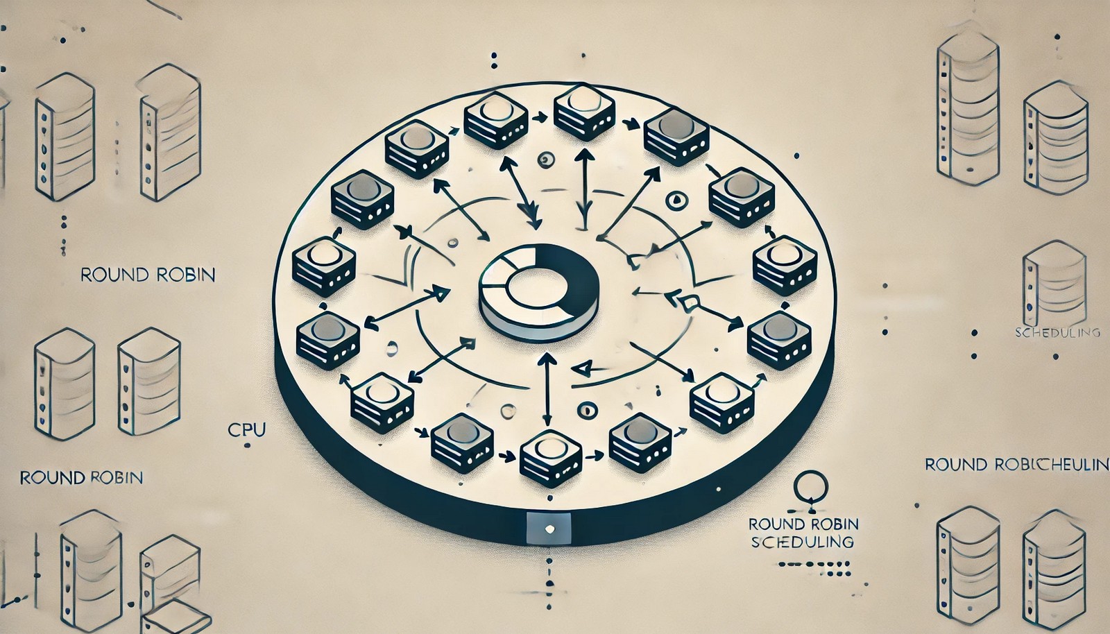 A minimalistic illustration of Round Robin Scheduling, showing multiple processes arranged in a circular flow with arrows indicating equal time allocation. The image emphasizes cyclic execution and fairness in task scheduling.