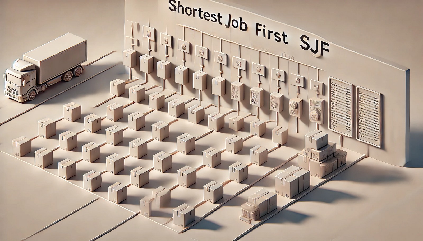 A minimalistic digital illustration representing Shortest Job First (SJF) Scheduling, showing a queue of tasks as boxes of varying sizes, with the smallest ones being processed first. The scene visually emphasizes scheduling priority.