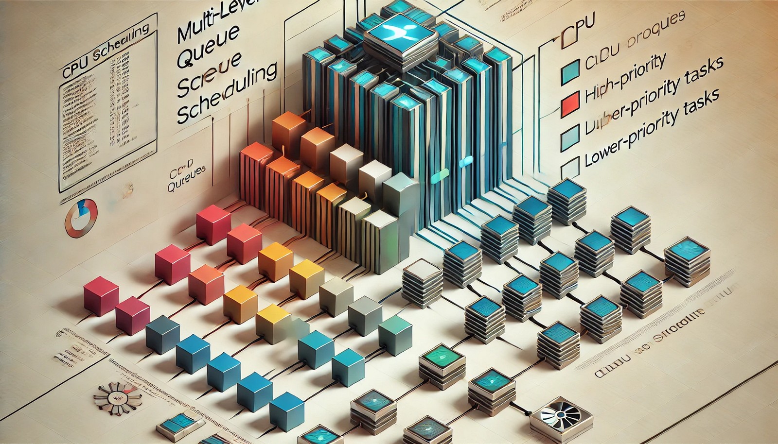 A conceptual illustration of Multi-Level Queue Scheduling in CPU management, showing multiple stacked queues with different types of processes as colored blocks, connected to a CPU that assigns time based on priority.