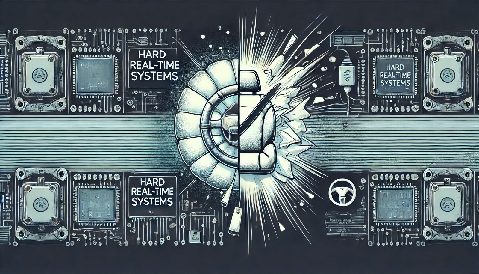 A modern and minimalistic digital illustration of hard real-time systems. The image is split into two halves: one side shows an airbag deploying on time in a car crash, ensuring safety, while the other side depicts a failed airbag deployment leading to an accident. The background features circuit lines and embedded system components, highlighting high-tech automotive control.