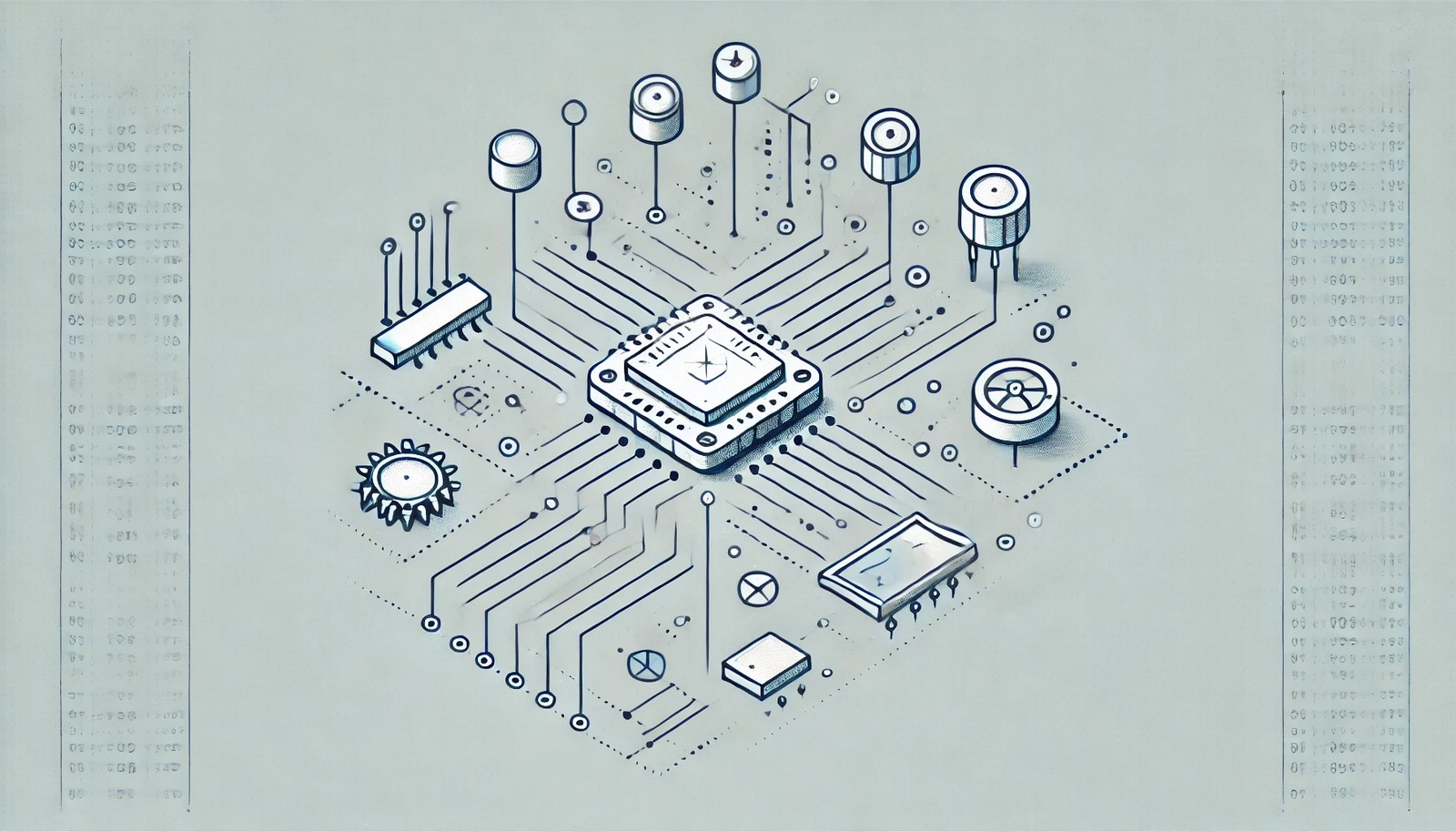 A schematic illustration of an embedded system with a central microcontroller linked to sensors, actuators, and a display, visually representing their interaction. The design is modern, minimalistic, and circuit-themed.