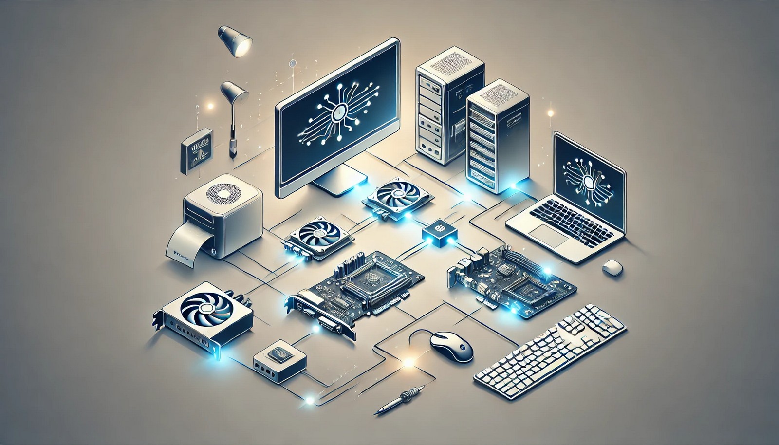 A digital illustration of a computer connected to hardware devices like a printer, graphics card, keyboard, and mouse, with glowing pathways representing data flow, symbolizing the role of device drivers in communication.