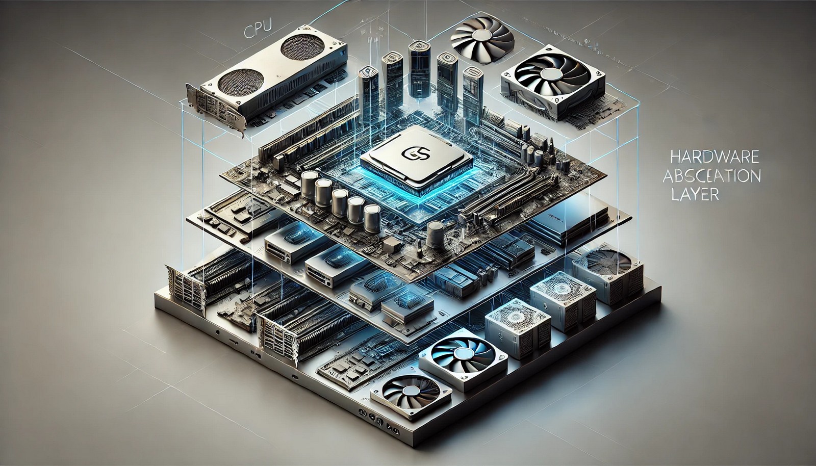 A digital illustration of a Hardware Abstraction Layer (HAL), showing an operating system interfacing with hardware components like a CPU, GPU, and storage through a structured intermediary layer, emphasizing smooth connectivity.