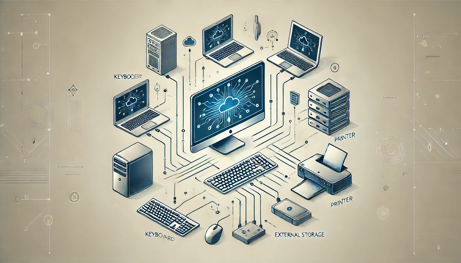 A modern digital illustration of a computer connected to peripheral devices like a keyboard, mouse, printer, and external storage, with glowing data flow lines representing seamless communication. Minimalist and futuristic design.