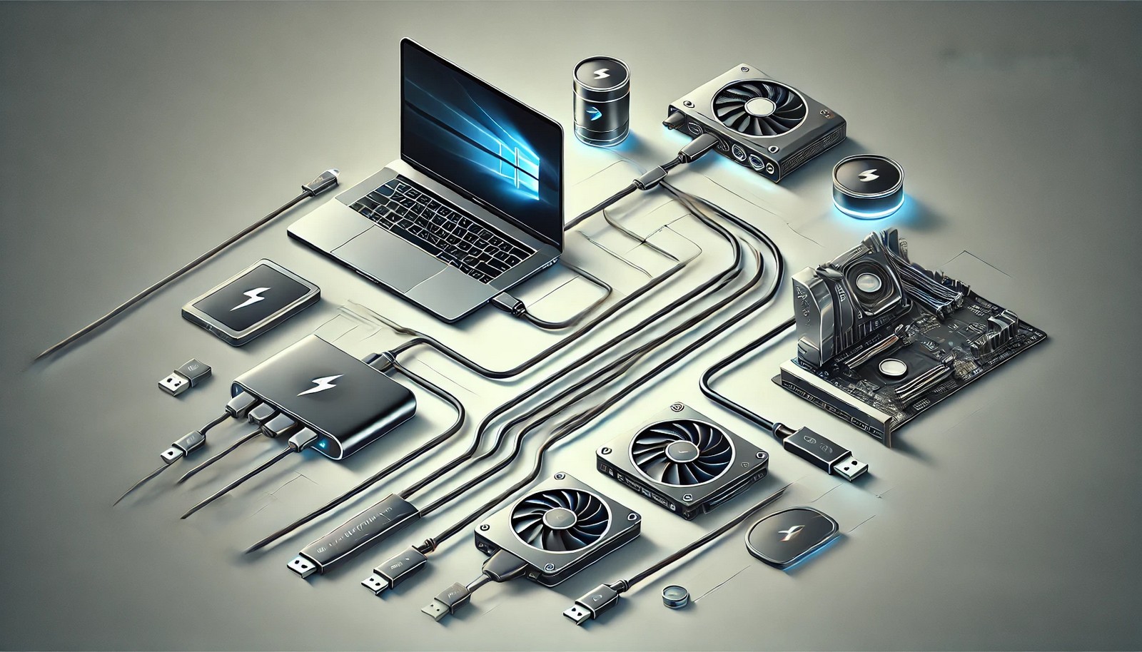 A futuristic digital illustration showcasing Thunderbolt technology. A sleek Thunderbolt cable connects a laptop, external monitor, SSD, and an external GPU, emphasizing high-speed data transfer and seamless connectivity in a minimalistic design.