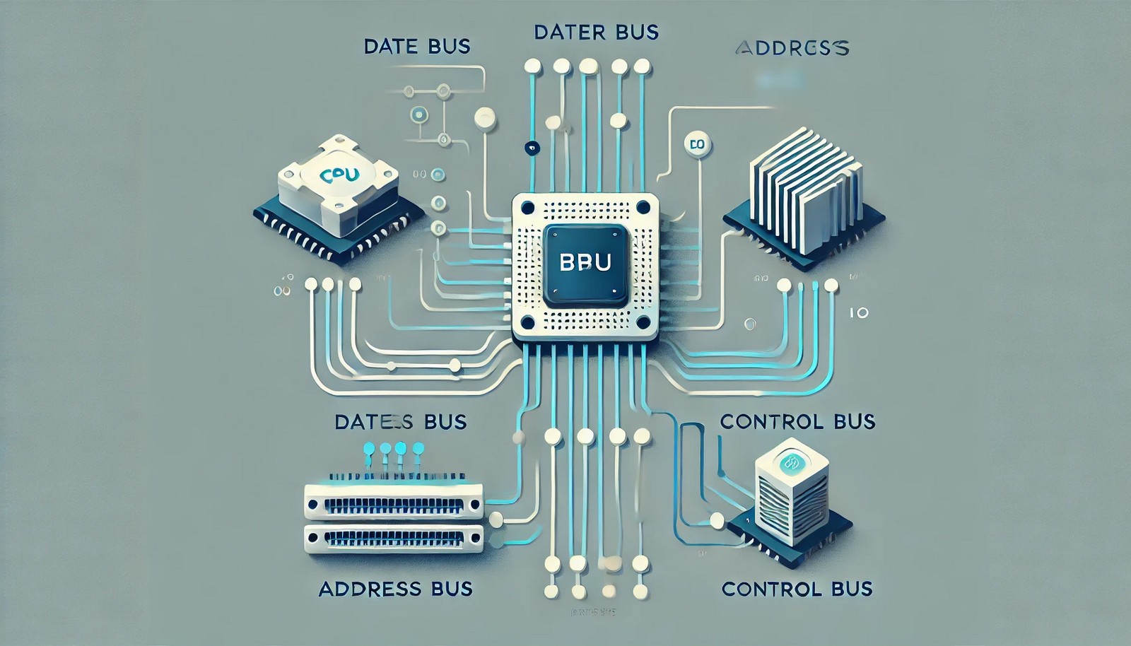 A futuristic and minimalistic illustration of a system bus in computer architecture, showing three distinct pathways linking a CPU, memory module, and I/O devices with smooth, soft-colored connections, emphasizing data flow.