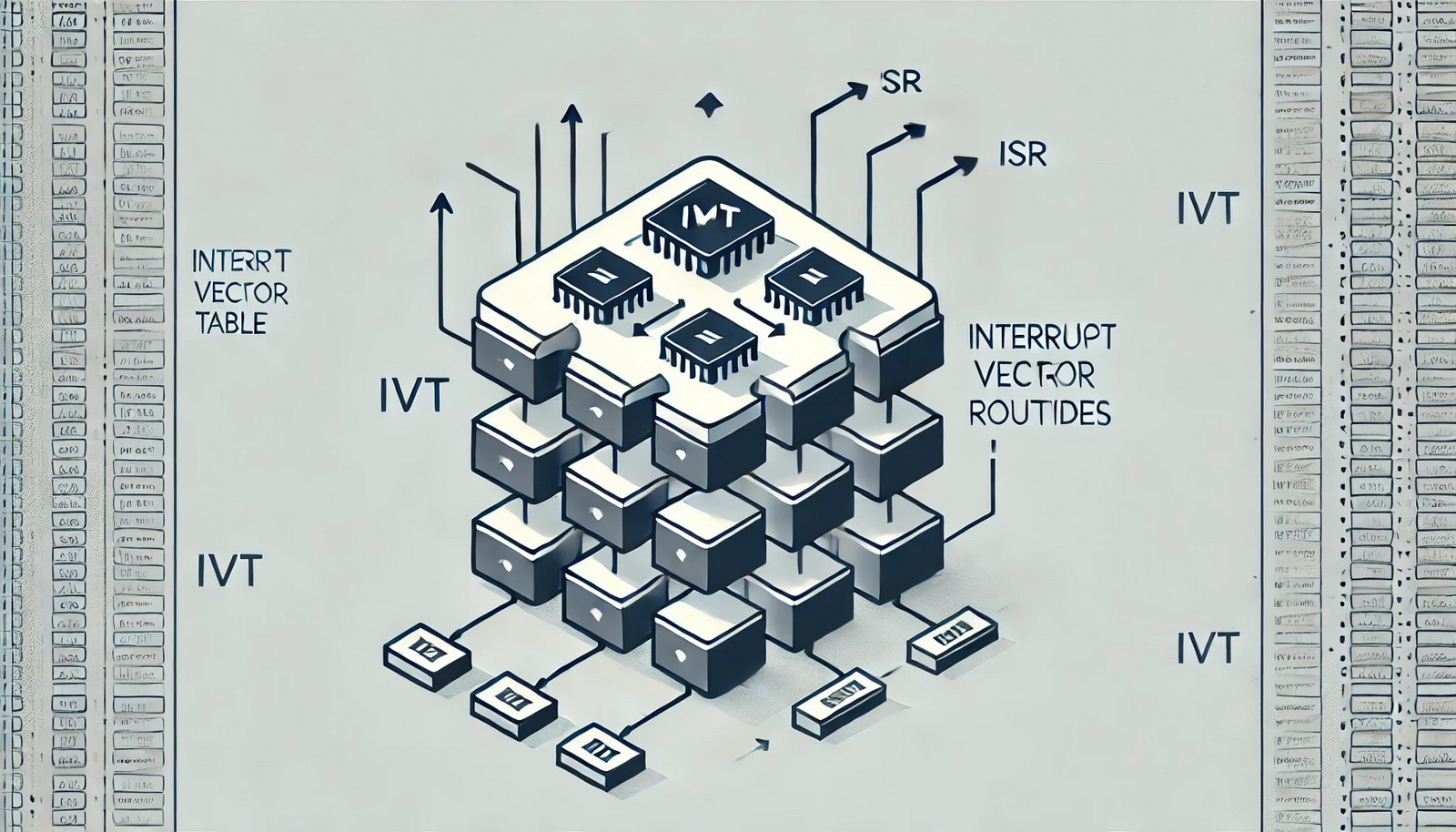 A structured digital illustration of an Interrupt Vector Table (IVT), showing a flowchart-like layout with interconnected memory table entries and interrupt sources directing signals to their respective service routines. No text is present.