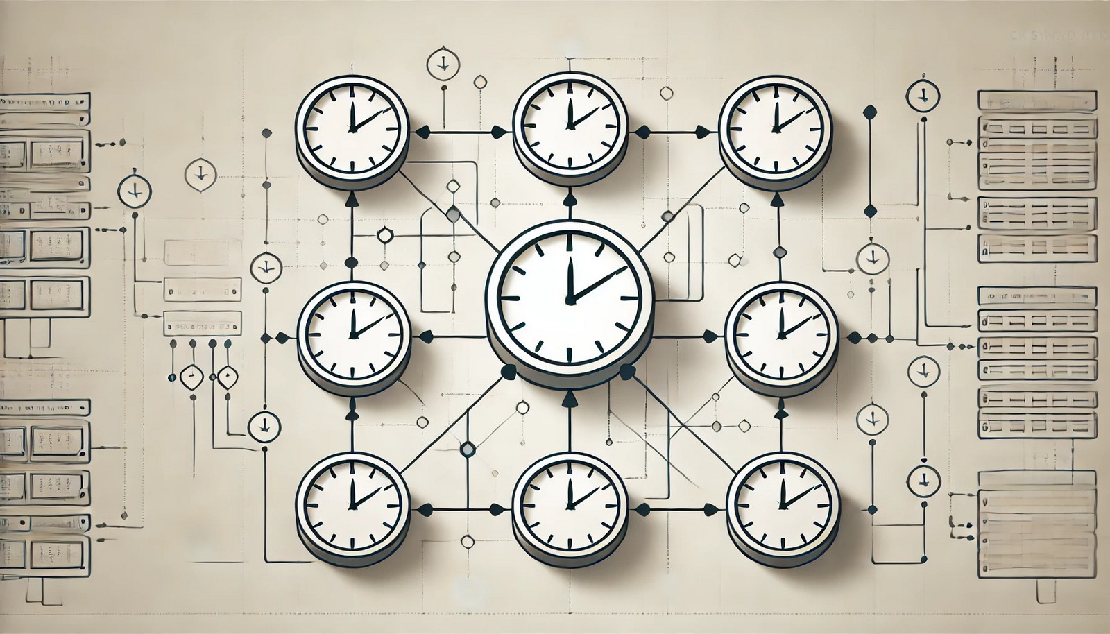 A digital illustration depicting clock synchronization in computing. Multiple clocks are connected by a network, all showing the same time. Arrows and network nodes indicate time alignment. The design is minimalistic with a neutral background.