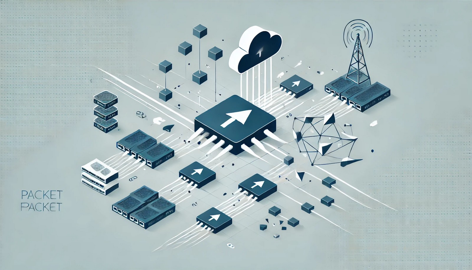 A digital illustration representing packet fragmentation, where a large data packet splits into smaller fragments moving through a network of routers and nodes, eventually reassembling at the destination. The design is modern and minimalistic.