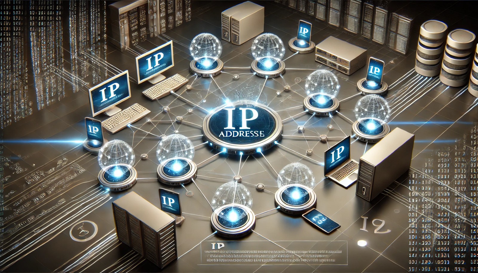 A digital illustration showcasing IP addressing with interconnected devices, including computers, servers, and mobile phones, linked by glowing lines. The futuristic design highlights seamless internet communication, with no text present.