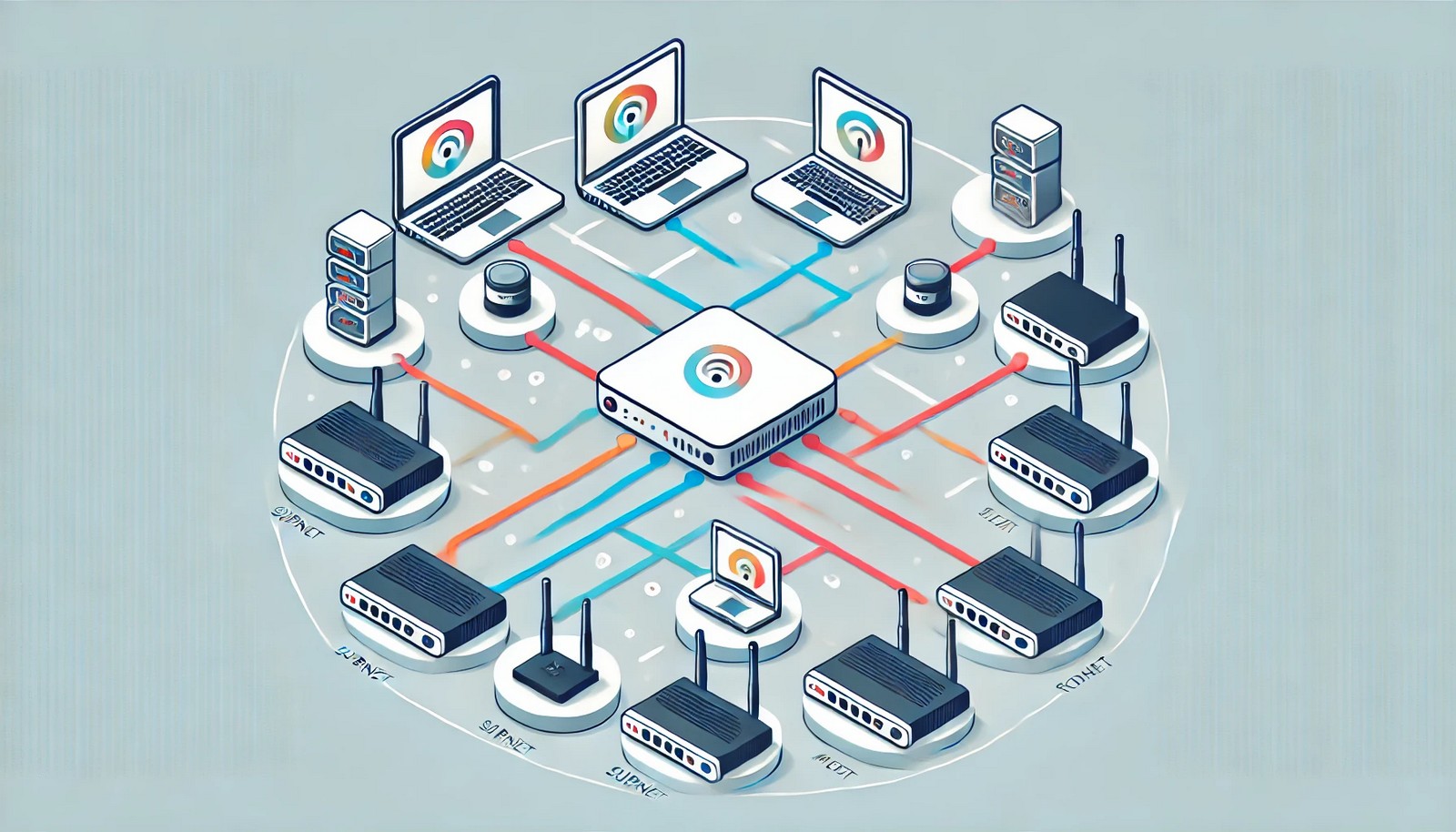 A digital illustration of a computer network with multiple devices connected. Some devices communicate directly within the same subnet, while others require a router due to different subnet masks. Color-coded subnet divisions.