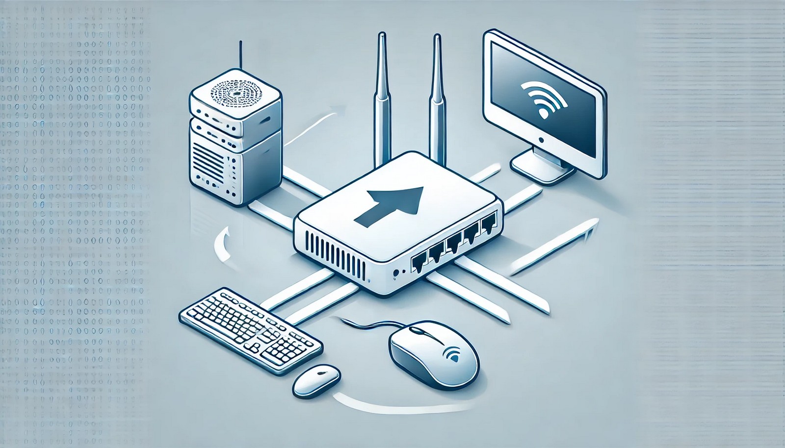 A digital illustration representing port forwarding, showing an external internet connection, a router, and a computer inside a private network. Arrows depict data flow from the internet through the router to the device. No text included.