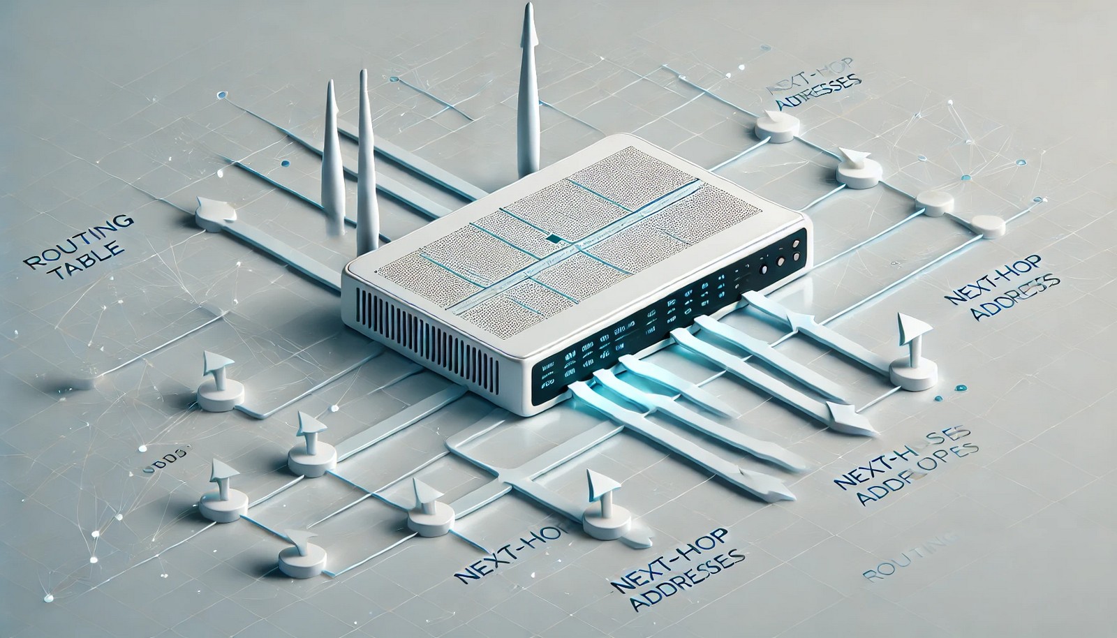 A minimalistic digital illustration of a routing table concept in computer networking. It features a router with a structured table, directional arrows representing data flow, and interconnected pathways for efficient packet transmission.
