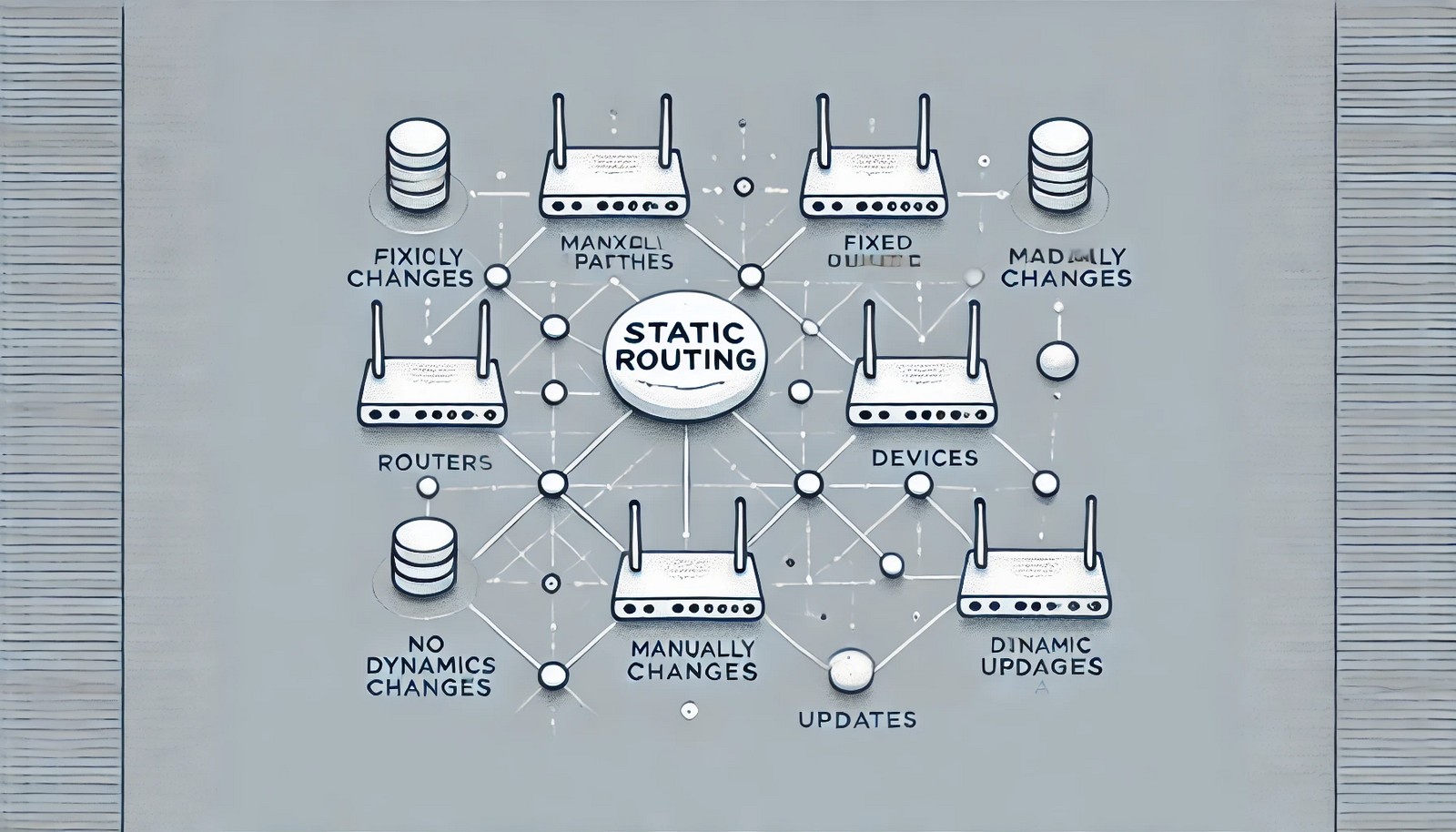 A minimalistic digital illustration showing a static routing network with fixed paths connecting routers and devices. The structured, unchanging network visually represents manually defined routes without dynamic updates.
