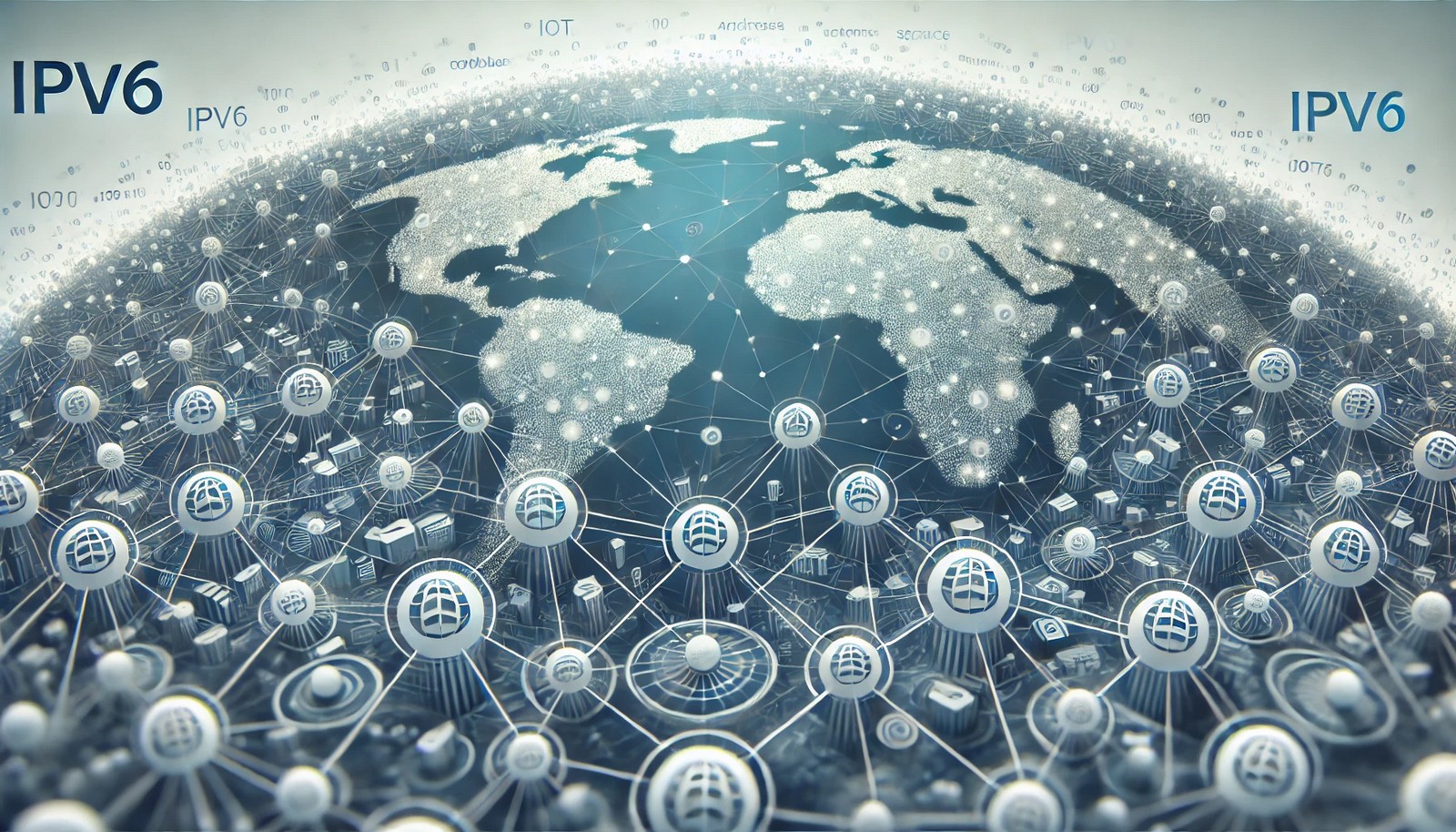 A futuristic digital illustration of IPv6, featuring a vast network of interconnected nodes symbolizing expanded address space. The image represents seamless internet connectivity, IoT, and cloud computing with a minimal blue and white color scheme.