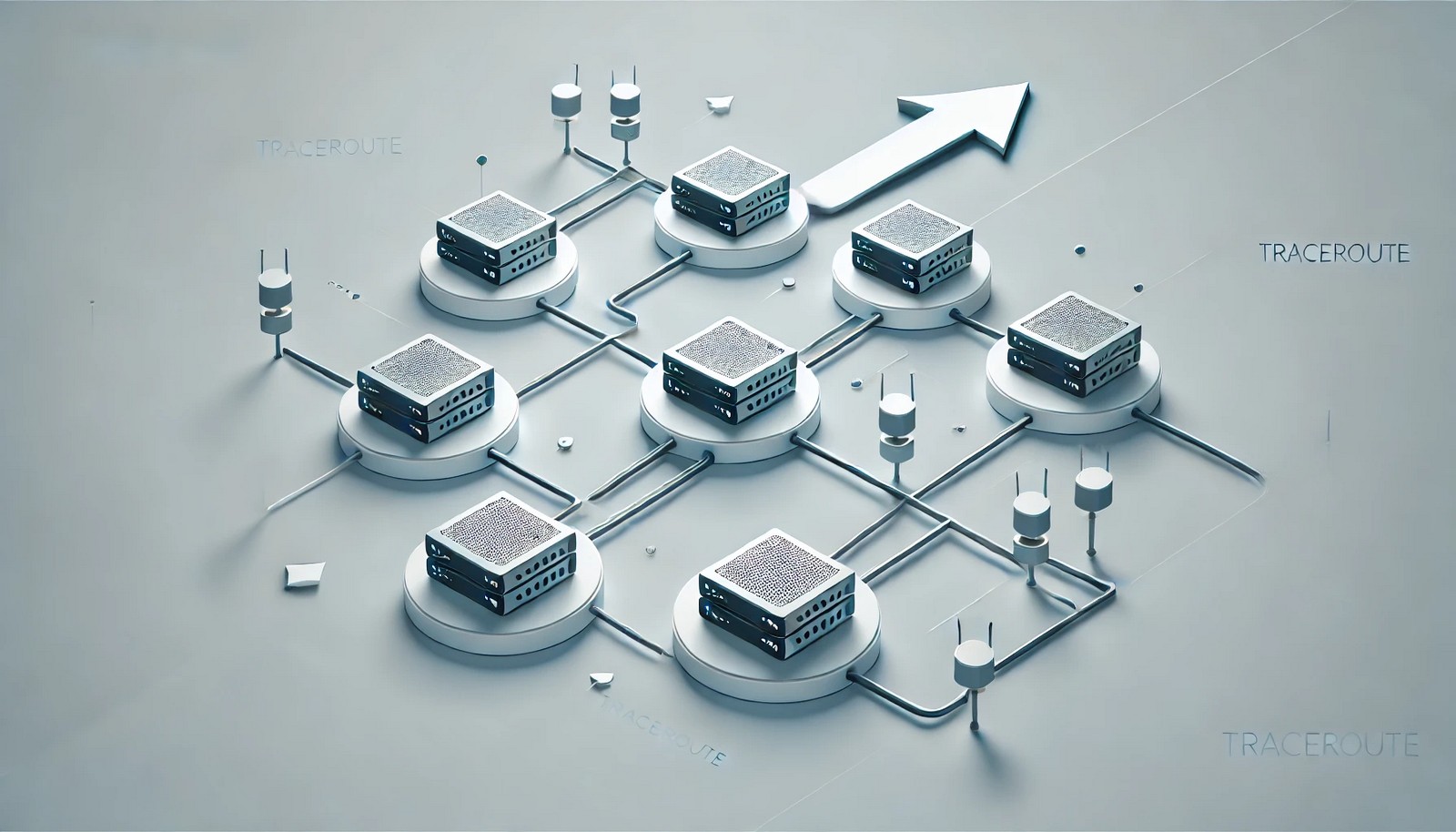 A minimalistic digital illustration representing the Traceroute concept, showing a network path with routers connected by arrows, depicting data packet movement from source to destination. The design is modern and streamlined.