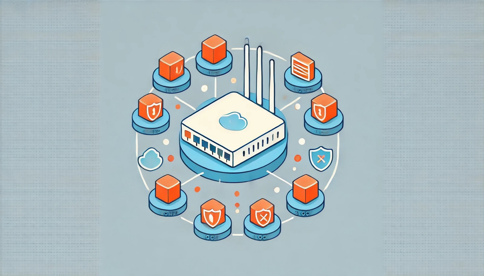A digital illustration of a network security concept showing packet filtering. A firewall or router inspects incoming and outgoing data packets, allowing safe ones to pass while blocking threats using a color-coded scheme.