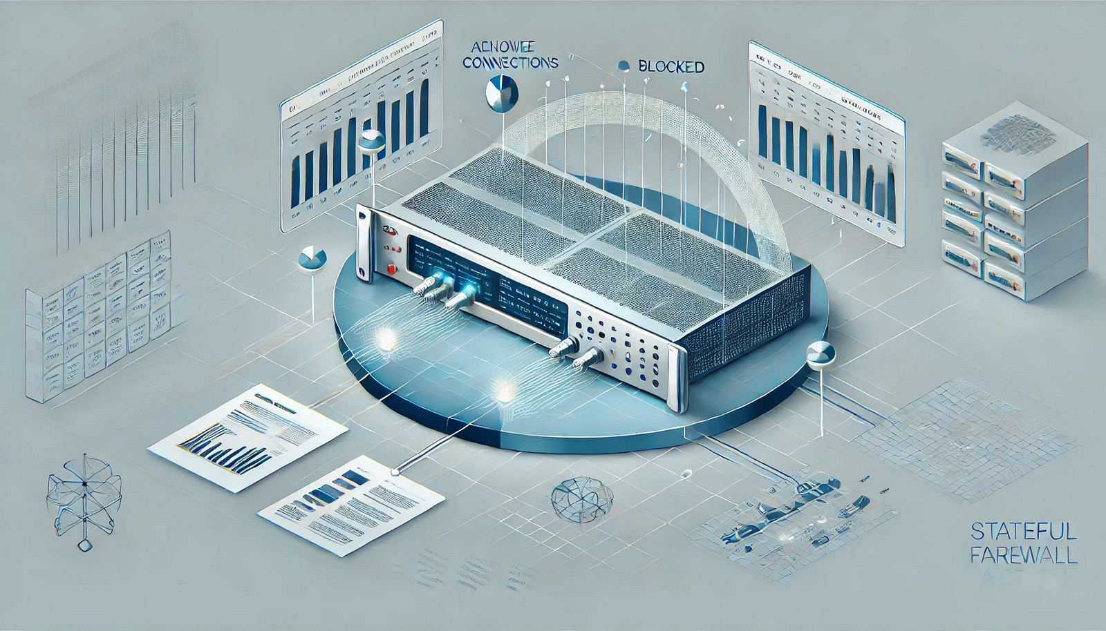 A digital illustration of a stateful firewall filtering network traffic. The firewall device monitors data packets, tracking active connections with visual differentiation between allowed and blocked traffic, using color-coded pathways.