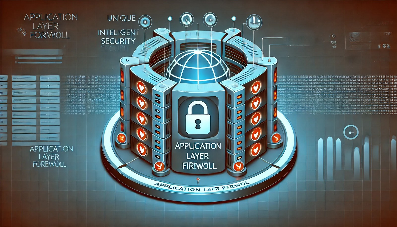 A futuristic digital illustration of an Application Layer Firewall scanning and filtering network traffic. The image depicts a high-tech firewall inspecting incoming data packets, blocking malicious activity while allowing safe traffic through.