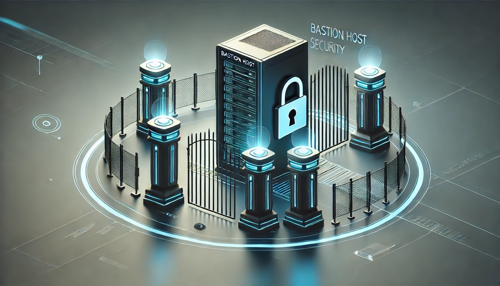 A digital illustration of a bastion host as a fortified security gateway, featuring a locked, secure computer checkpoint filtering incoming connections. The design emphasizes network security with glowing cyber-defense barriers and controlled access pathways.