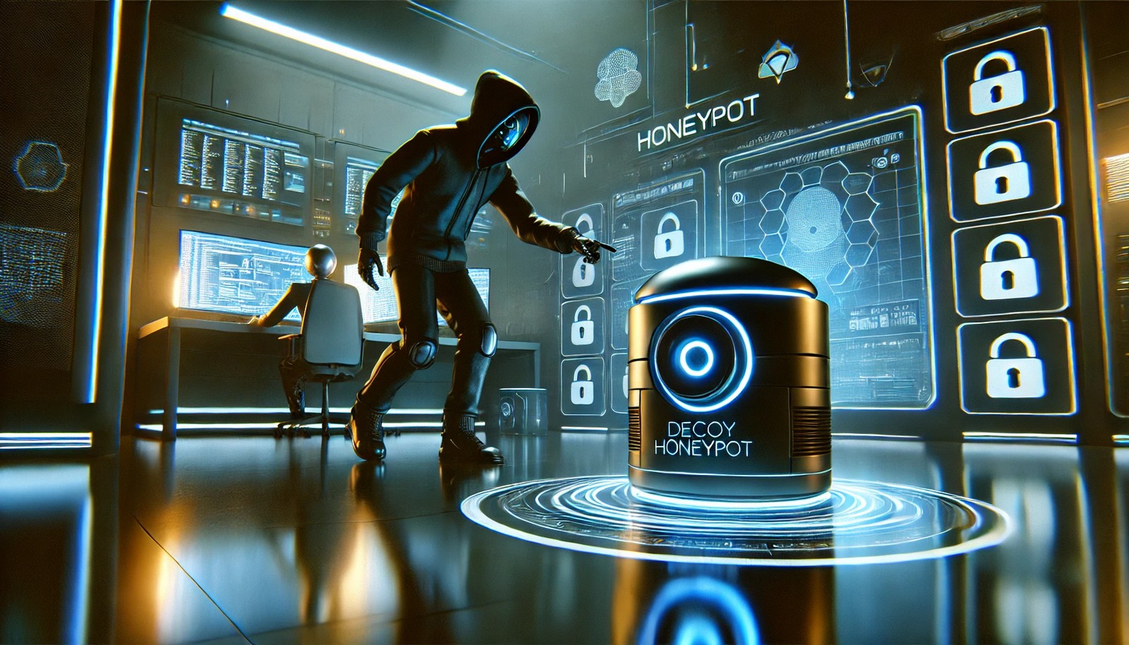A glowing decoy computer system in a futuristic, dark high-tech environment. A hooded hacker figure is attempting access while a security system monitors the cyberattack from the background. Cool-toned sci-fi aesthetics.