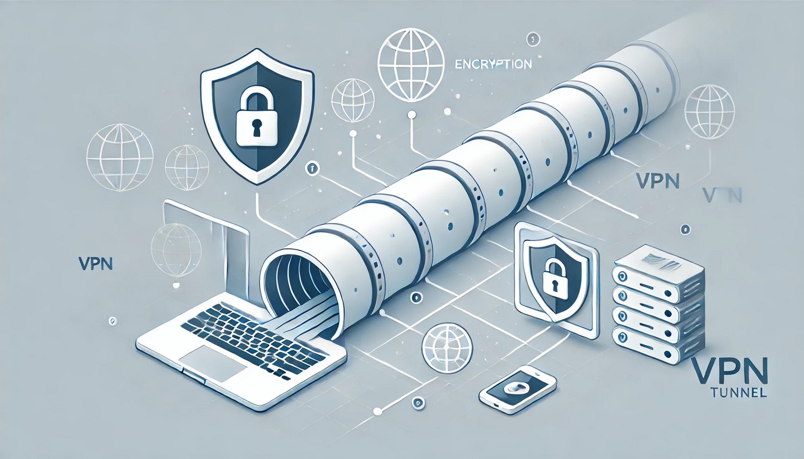 A minimalistic illustration of a VPN tunnel, showing an encrypted data pathway connecting a user’s device to a remote server. A shield and lock icon symbolize security and privacy. No text present.