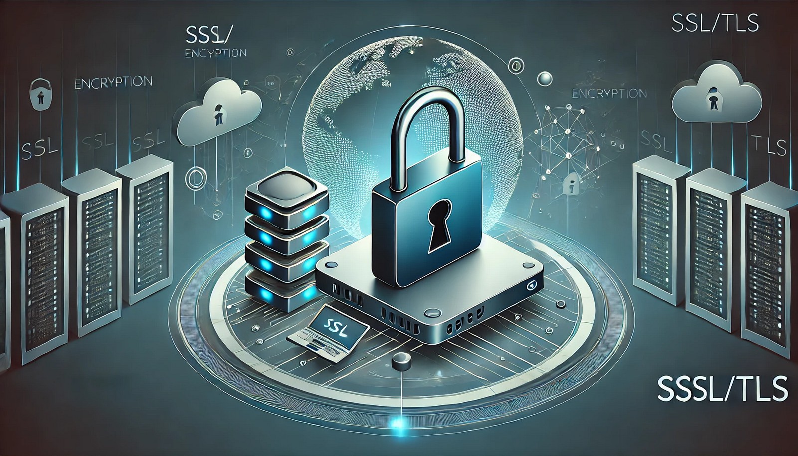 A modern digital illustration of SSL/TLS encryption, showing a secure lock between a computer and a server. The futuristic cyber background emphasizes security, encrypted communication, and data protection. No text present.