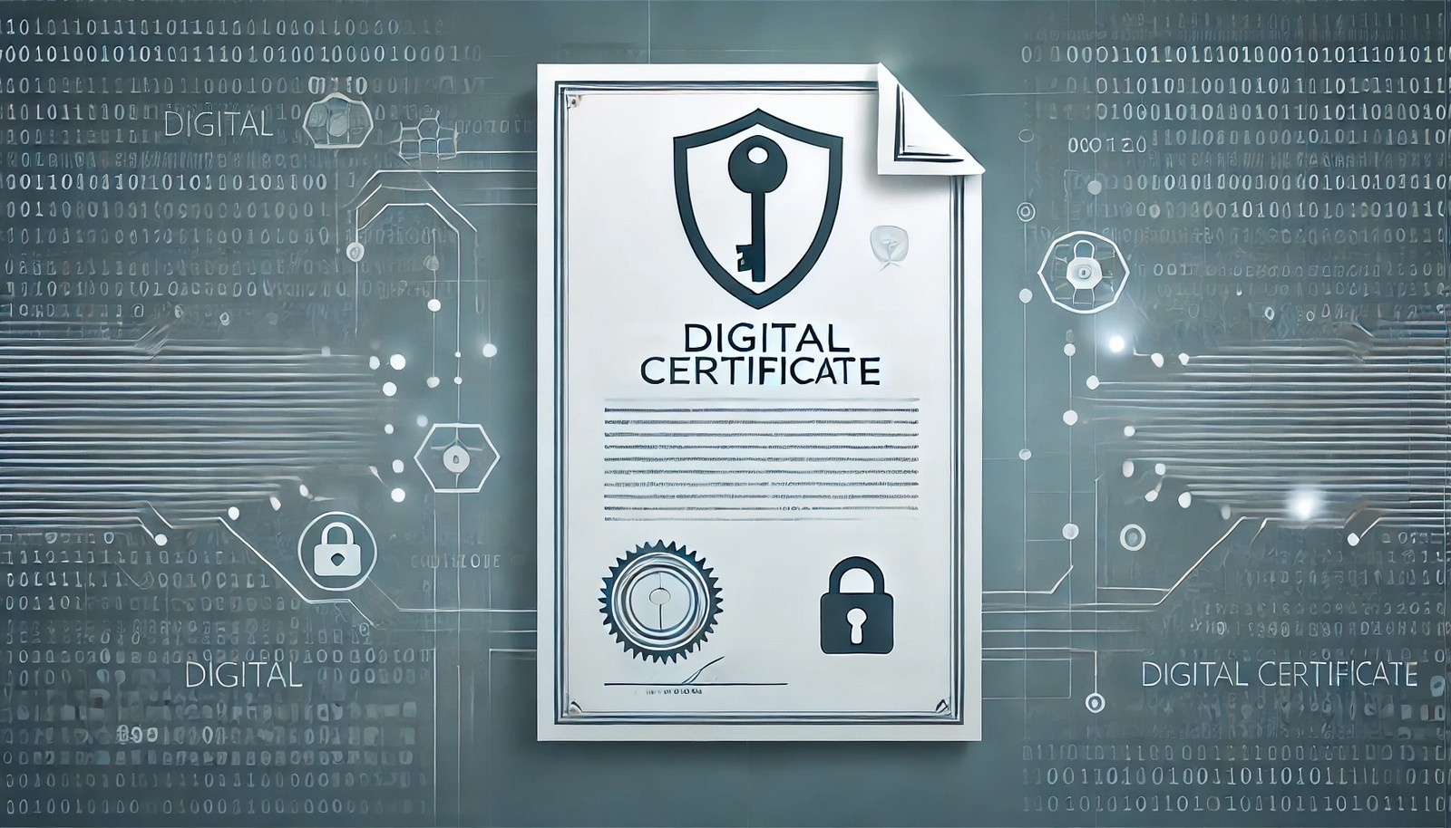 A digital illustration of a secure document with a key symbol and a shield, representing authentication and encryption. The background features subtle cybersecurity elements, including binary code and network lines, emphasizing digital security.
