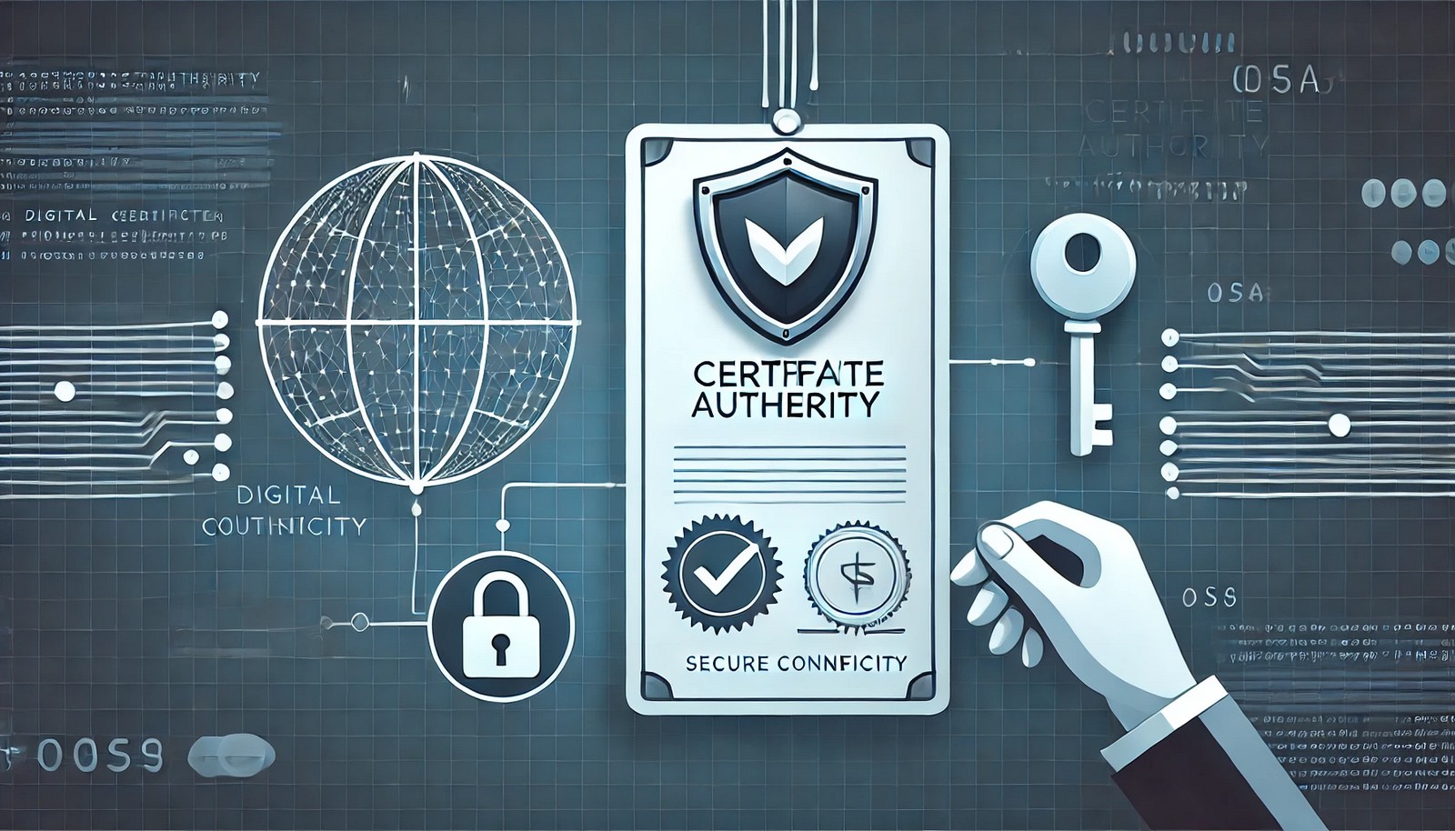 A digital illustration of a Certificate Authority issuing a secure certificate to a website, featuring a shield symbol, encryption key, and a verification process, representing trust and cybersecurity in online communication.