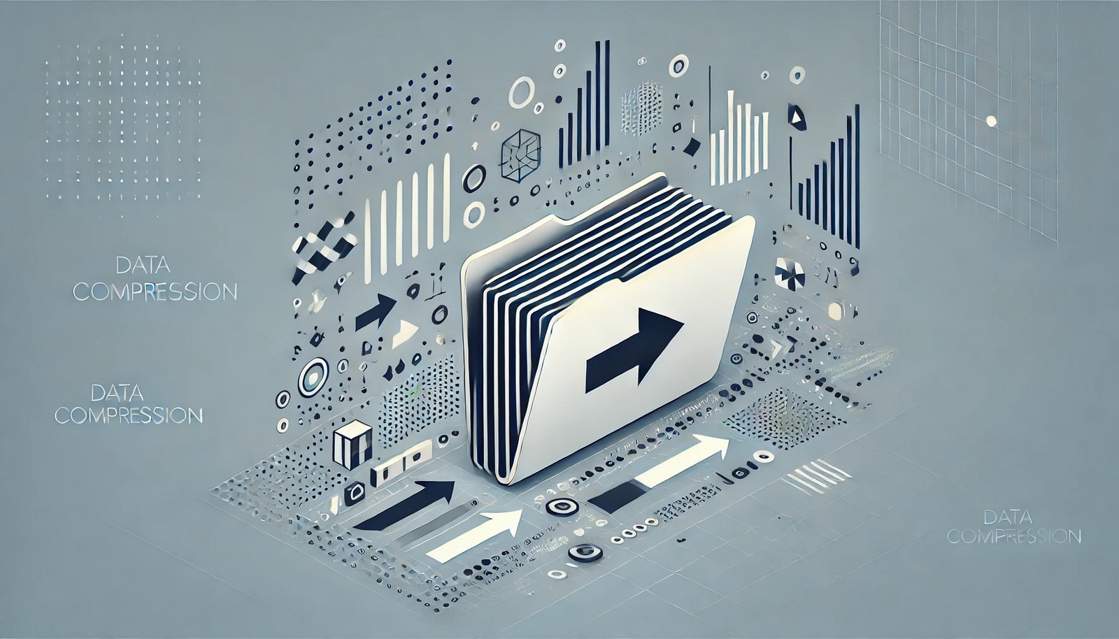 A modern and minimalistic illustration representing data compression, showing a file shrinking with compression bars, arrows, and geometric shapes symbolizing data reduction and optimization in digital storage and transmission.