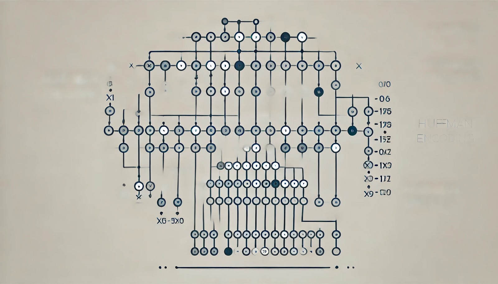 A visually intuitive digital illustration of Huffman encoding, depicting a binary tree with distinct nodes. Shorter paths connect frequently used symbols, while longer paths represent less frequent ones. Clean, minimal design with subtle colors.