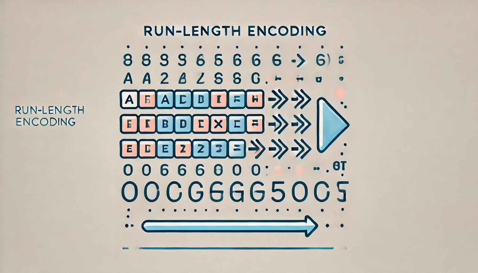 A visual representation of Run-Length Encoding, depicting a sequence of repeated symbols transforming into a more compact form. The illustration uses minimalistic design with soft colors, effectively demonstrating data compression without text.