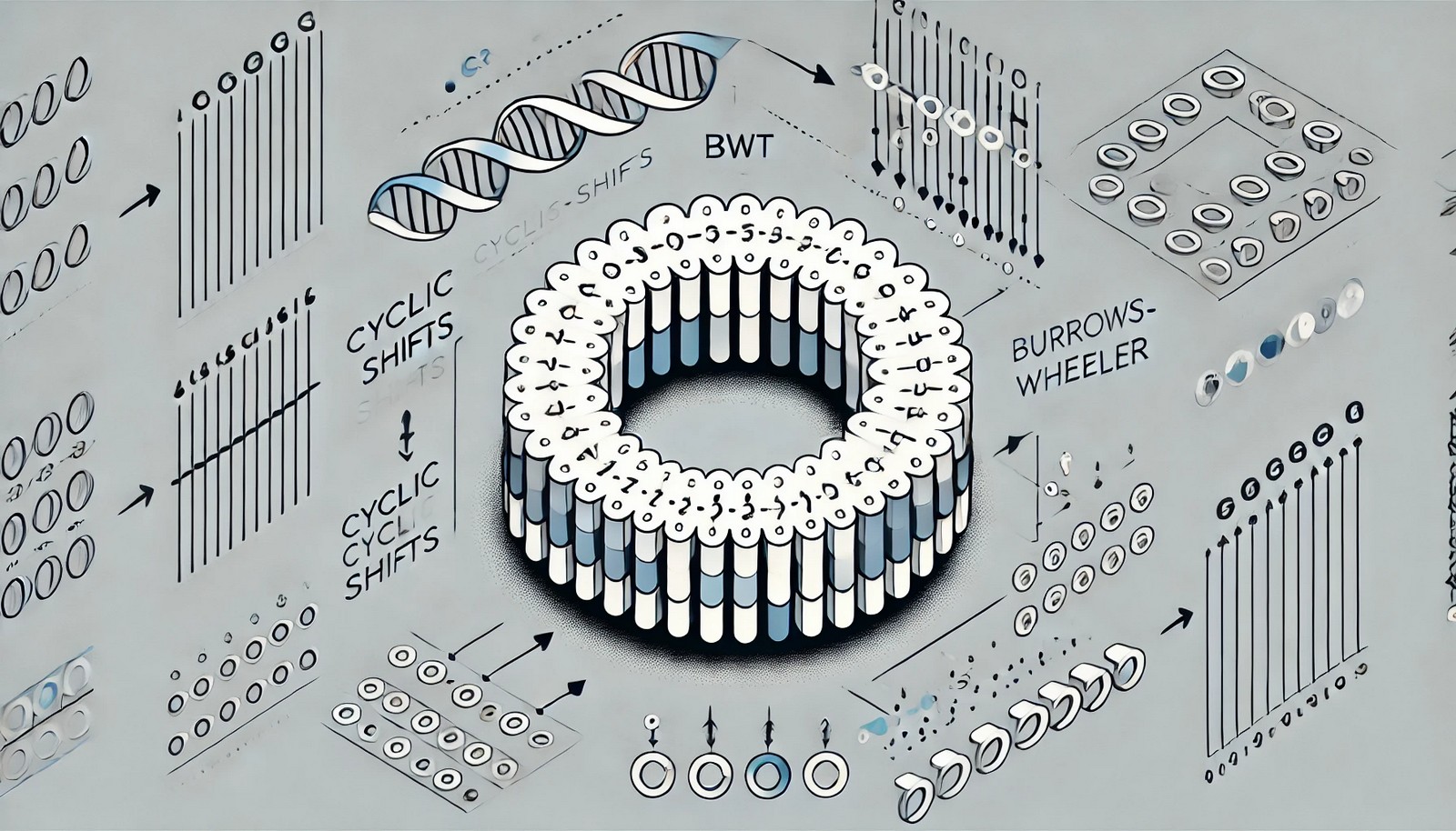 A conceptual illustration of the Burrows-Wheeler Transform (BWT) showing cyclic shifts of a string, sorted order, and the last column extraction. The image features arrows and character sequences to demonstrate the transformation process visually.