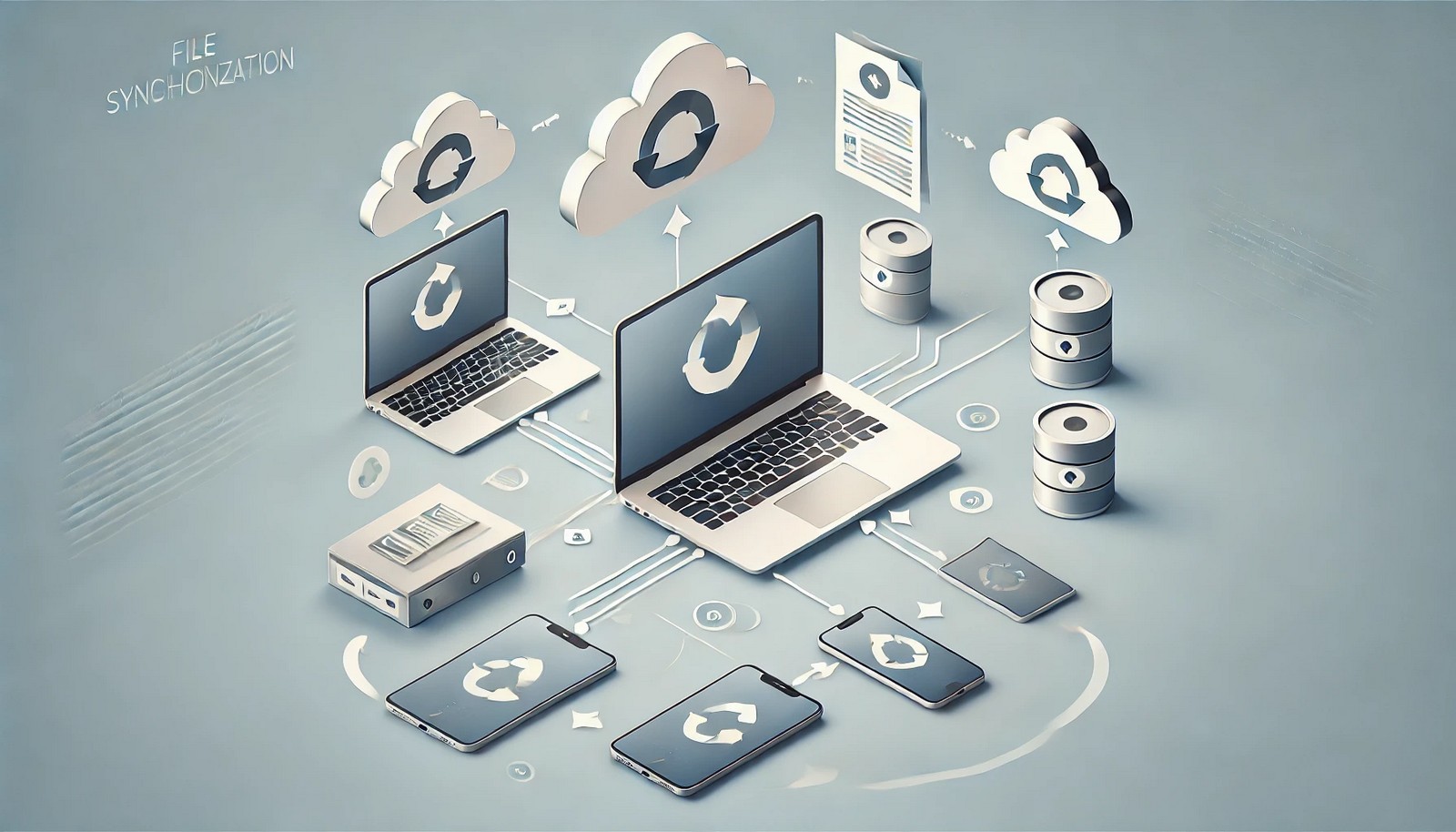 A modern digital illustration of file synchronization, featuring a laptop, smartphone, and cloud storage connected by syncing icons and arrows. The design is minimalistic with soft shadows, highlighting real-time file updates.