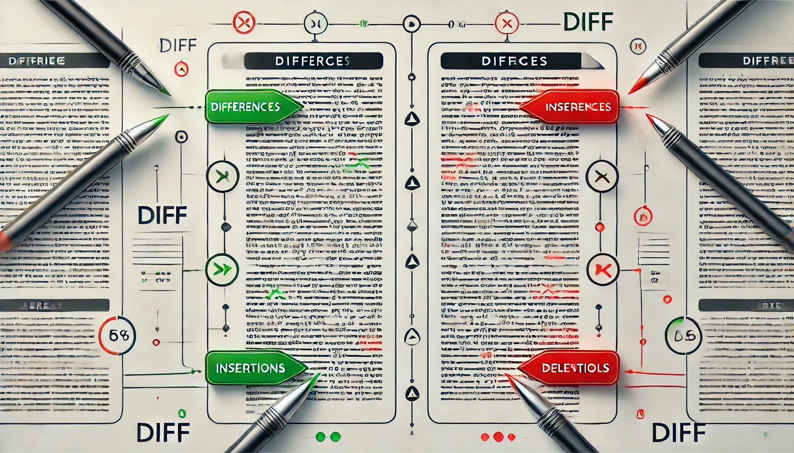 A digital illustration of two nearly identical text documents with highlighted differences in red and green. Arrows indicate insertions and deletions, visually demonstrating the concept of diff algorithms in a clean, minimalistic style.