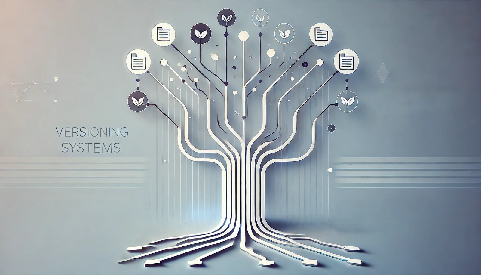 A modern, minimalist illustration of a branching structure with multiple interconnected paths, symbolizing collaboration, file tracking, and version control. The abstract design represents software development workflows and distributed versioning systems.