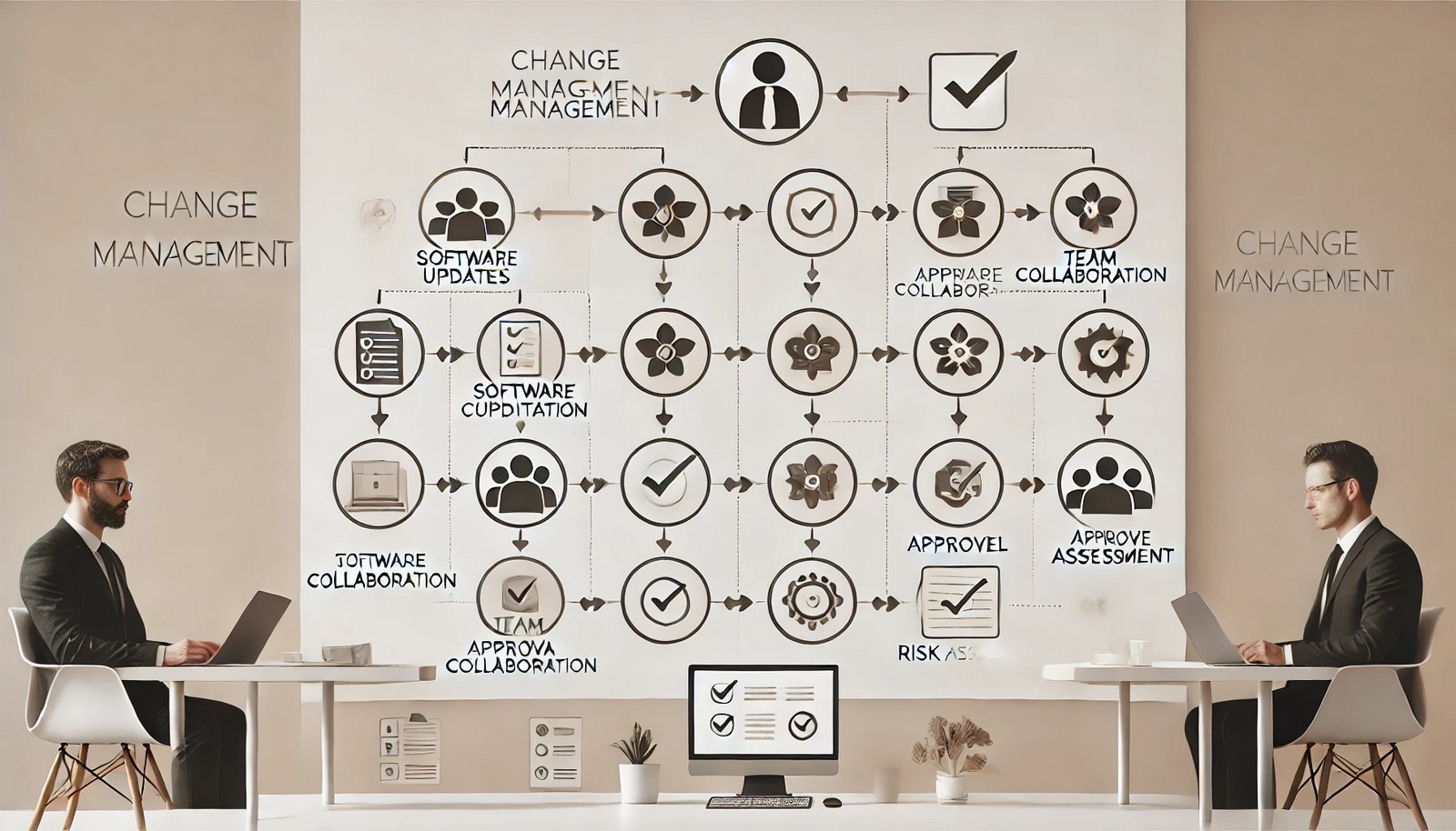 An abstract, professional illustration depicting change management in IT, featuring structured workflows, interconnected software update symbols, team collaboration icons, approval process elements, and risk assessment visuals in a neutral color scheme.