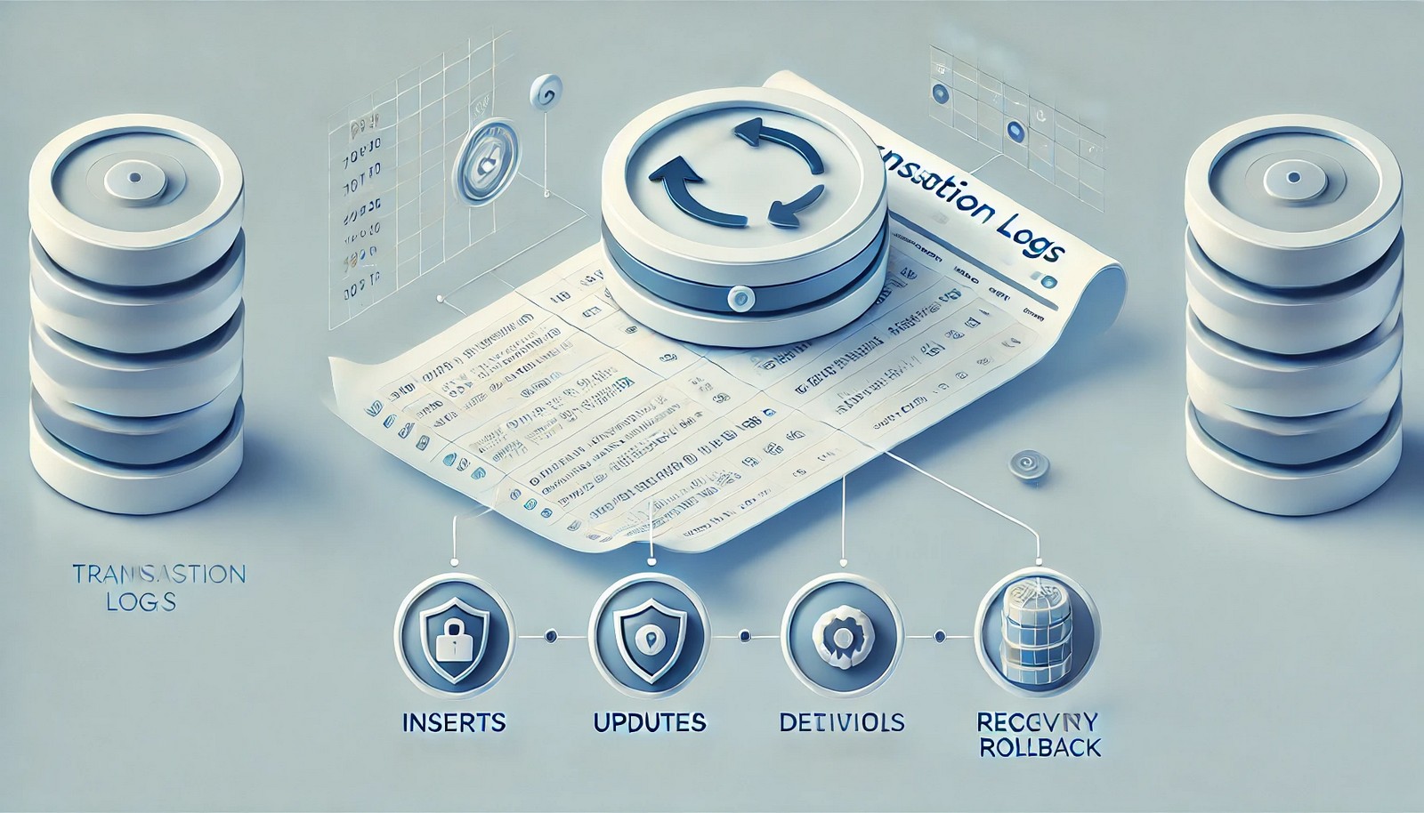 A futuristic digital illustration of transaction logs in a database, featuring a scrollable log with icons for inserts, updates, and deletions. A secure shield symbolizes data integrity, with a circular recovery arrow for system rollback.