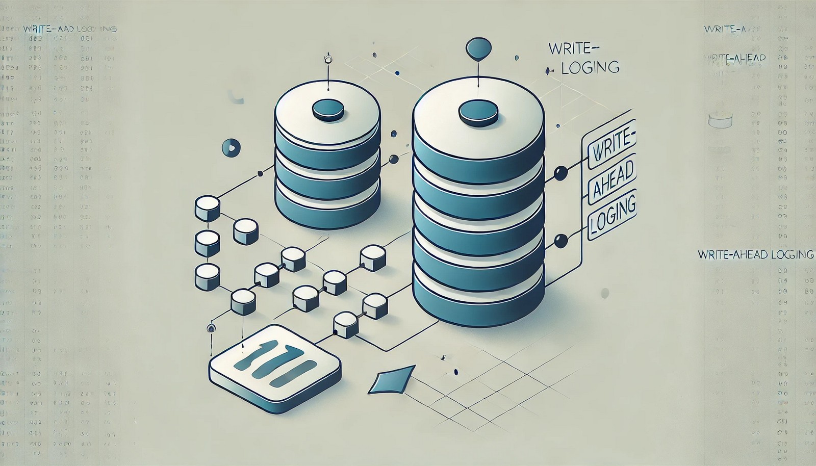 A conceptual digital illustration of Write-Ahead Logging, showing an abstract database with a separate log capturing changes before committing them to storage. The design emphasizes structured data flow and transaction integrity.