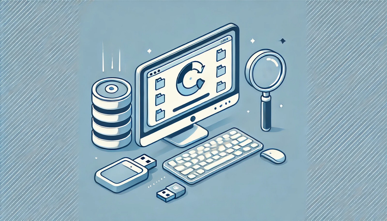 A modern digital illustration showing a computer screen with a recovery progress bar, a magnifying glass over digital file icons, and an external USB drive, symbolizing data recovery tools. No text included.