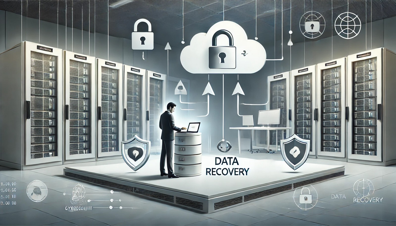 A modern server room with a technician restoring data using a laptop. A cloud icon and arrows symbolize data recovery, with floating digital security elements like locks and shields emphasizing cybersecurity.