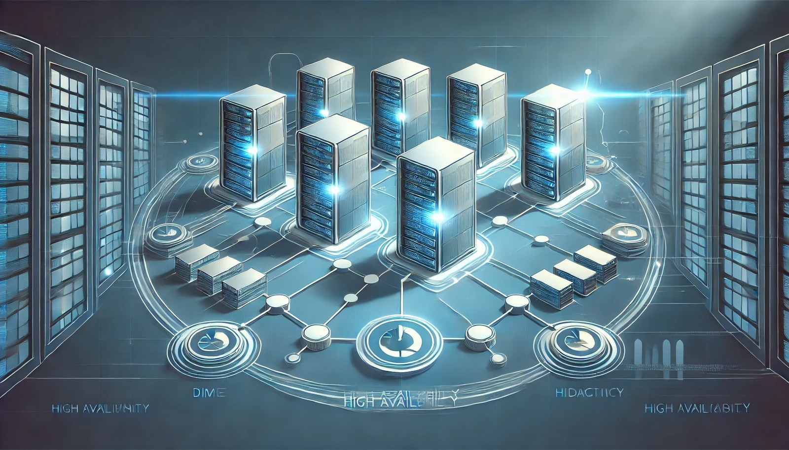 A digital illustration of failover clustering showing multiple interconnected servers. One server is dimmed, indicating failure, while another is highlighted, symbolizing seamless takeover. The design emphasizes high availability and system redundancy.