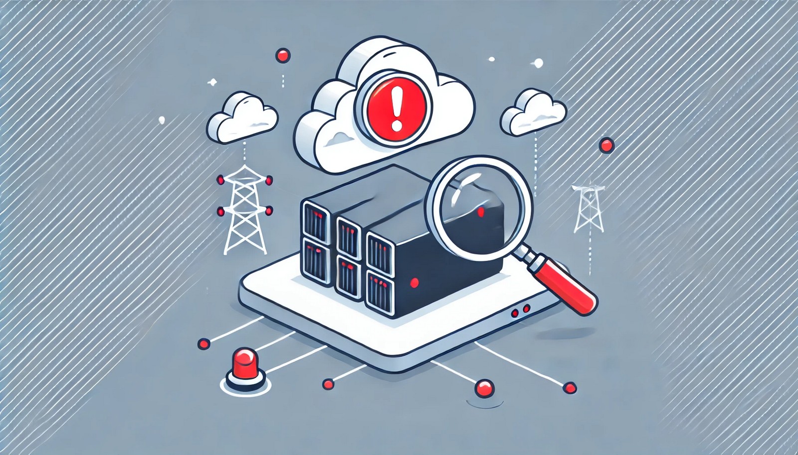 A minimalistic digital illustration of downtime monitoring, featuring a cloud server with a red alert icon. A magnifying glass hovers over the server, representing real-time tracking and issue detection. No text present.