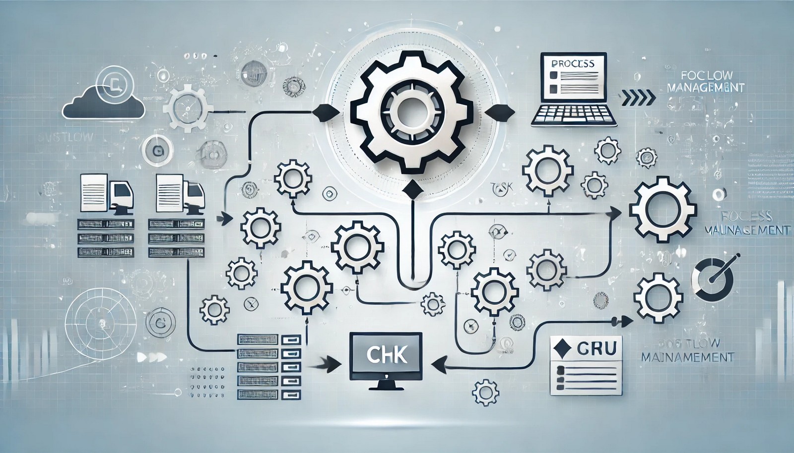 An abstract illustration of process management featuring interconnected gears, a central CPU, and arrows indicating task scheduling and execution. The design symbolizes workflow automation and system optimization with a structured task flow.