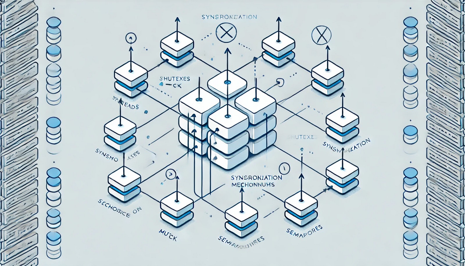 A conceptual digital illustration of thread synchronization, showing multiple threads as lines or arrows trying to access a shared resource, with mutexes or semaphores controlling access to ensure orderly execution.